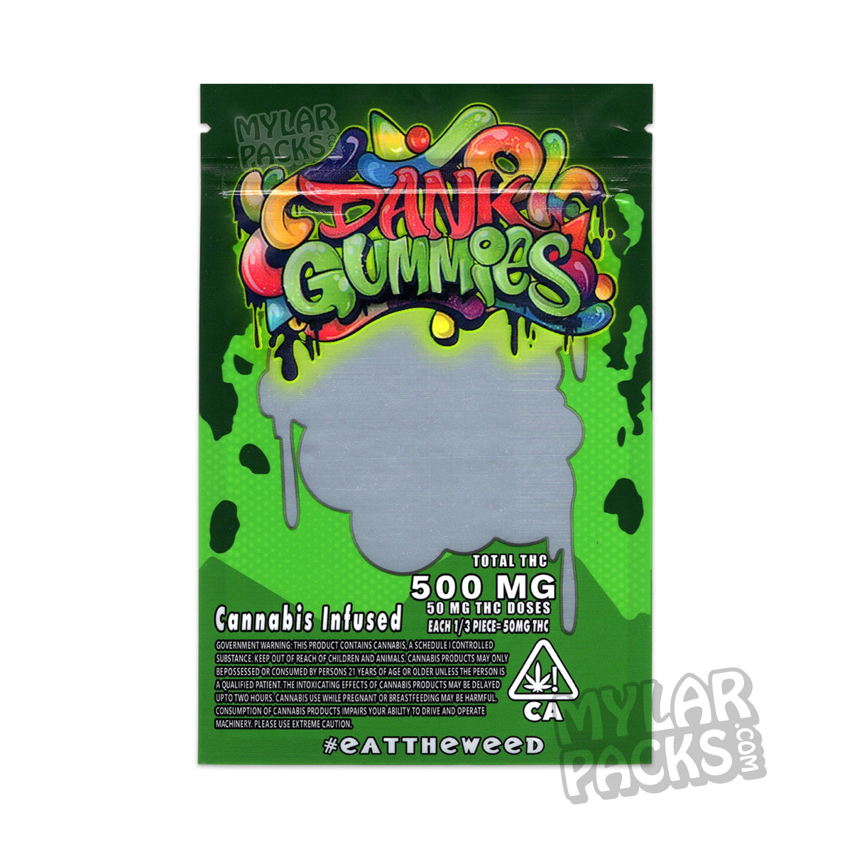 Gomitas Dank Green de 500 mg, bolsa de Mylar vacía, empaque de gomitas comestibles