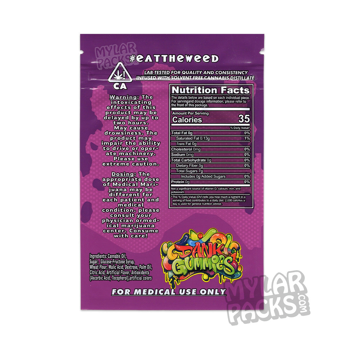 Gomitas moradas Dank Gummies de 500 mg, bolsa de mylar vacía, empaque de gomitas comestibles