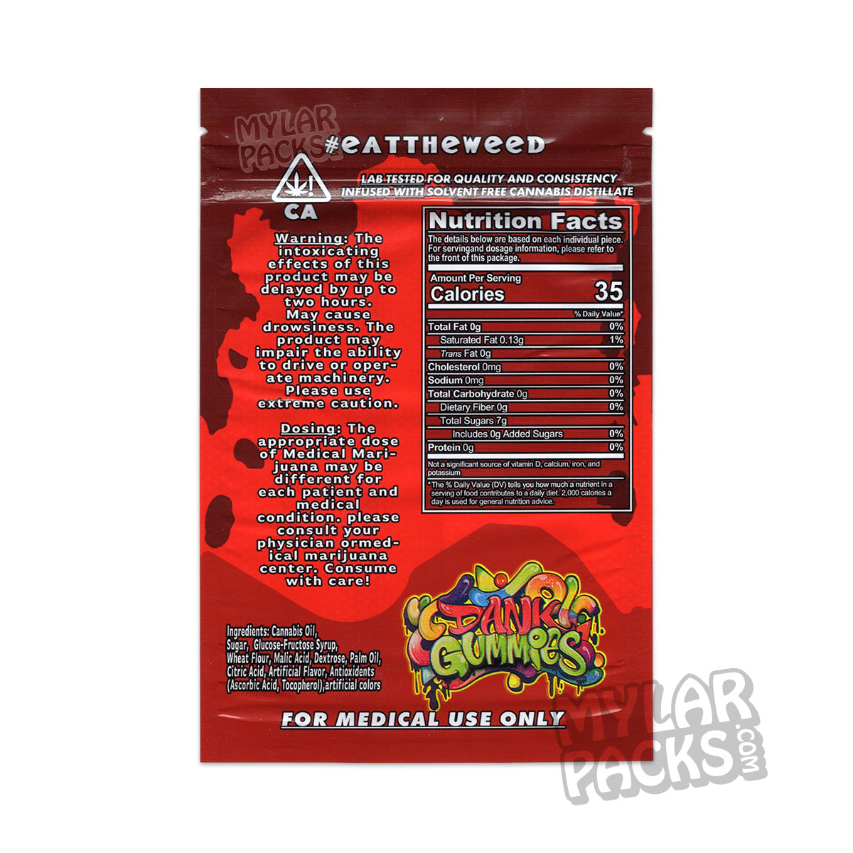 Gomitas Dank Rojas de 500 mg, bolsa de Mylar vacía, empaque de gomitas comestibles