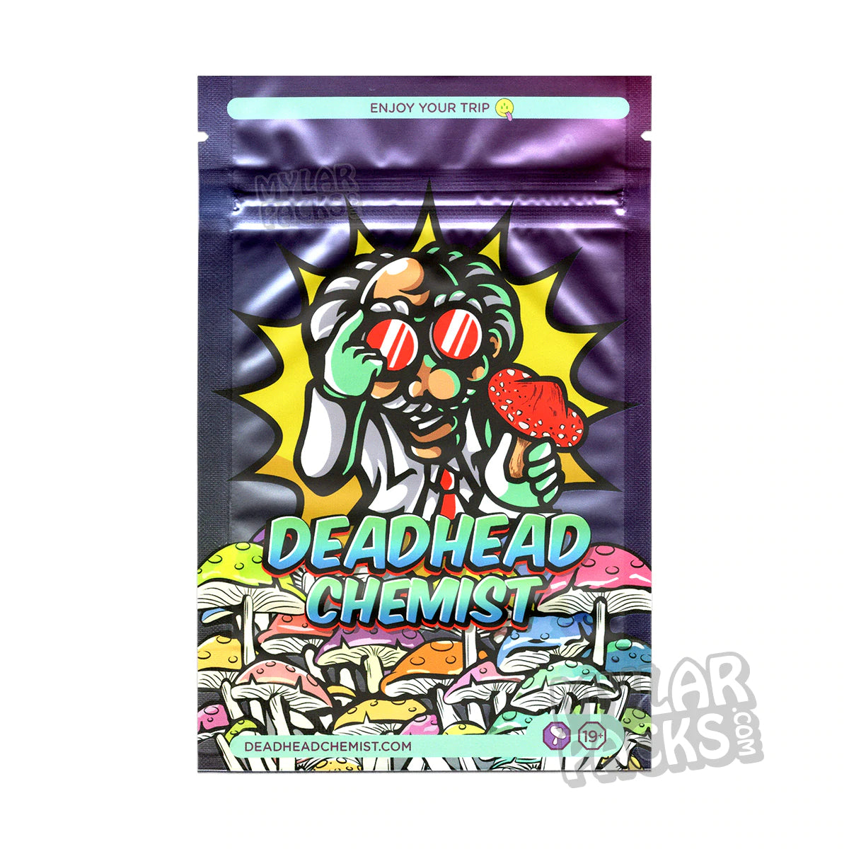 Bolsas de Mylar vacías de Deadhead Chemist para el embalaje de hongos psilocibios y hongos mágicos.