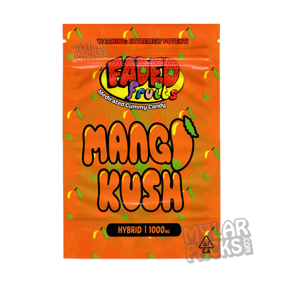 Faded Fruits Mango Kush 1000 mg Bolsa de Mylar vacía Comestibles Envase de dulces