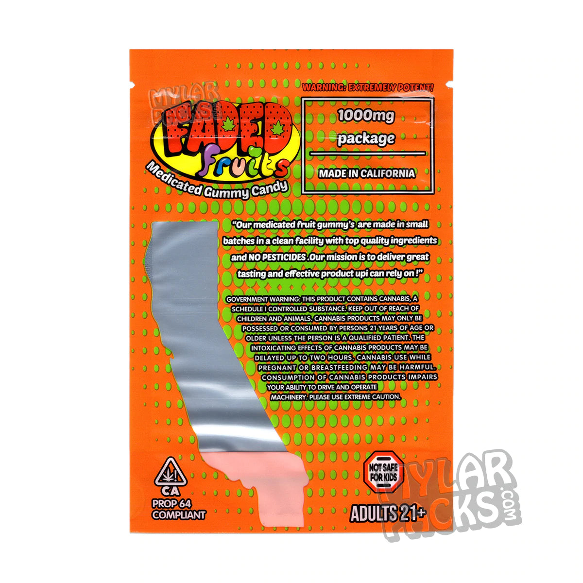 Faded Fruits Mango Kush 1000 mg Bolsa de Mylar vacía Comestibles Envase de dulces