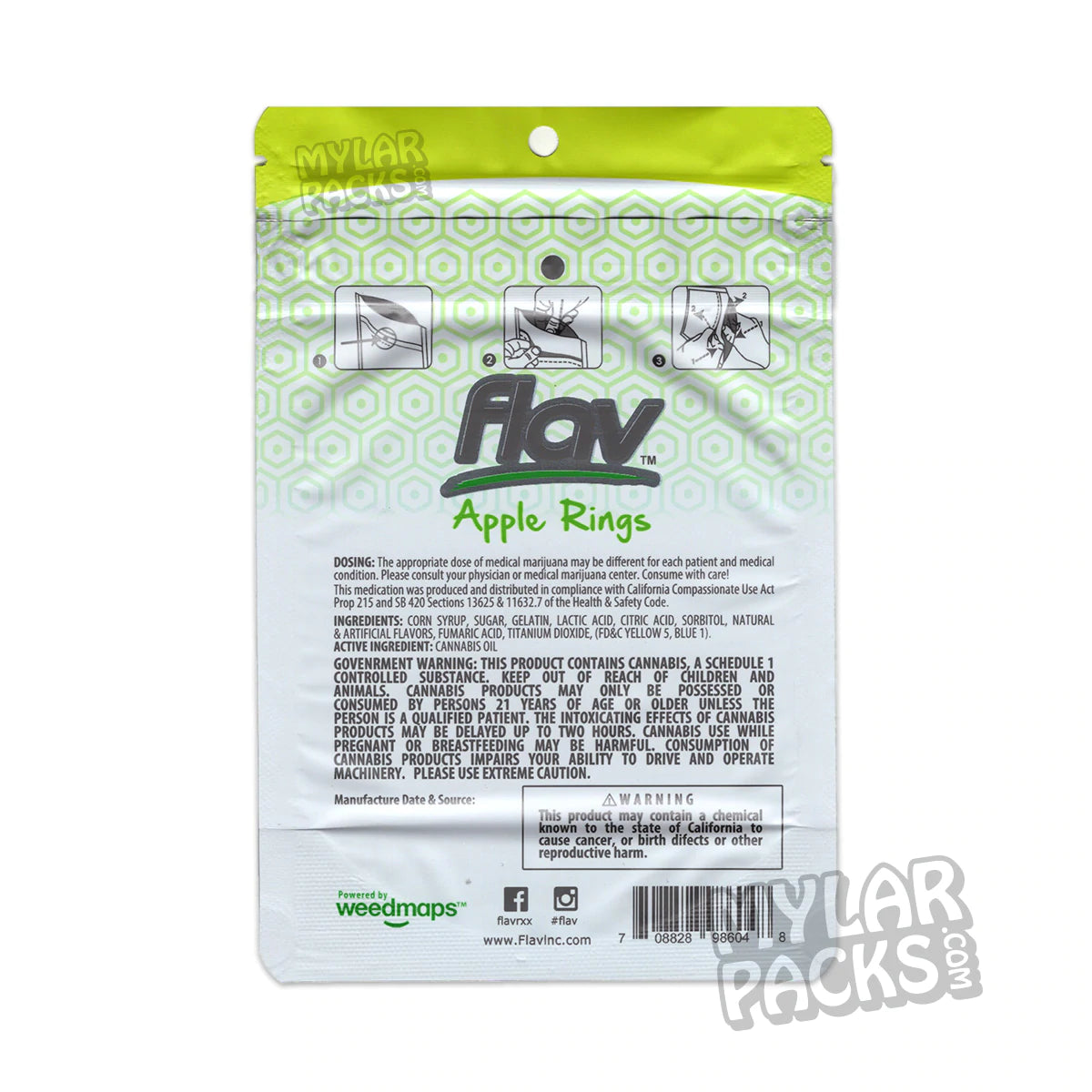 Gomitas Flav Apple Rings de 100 mg, bolsa de Mylar vacía, empaque comestible