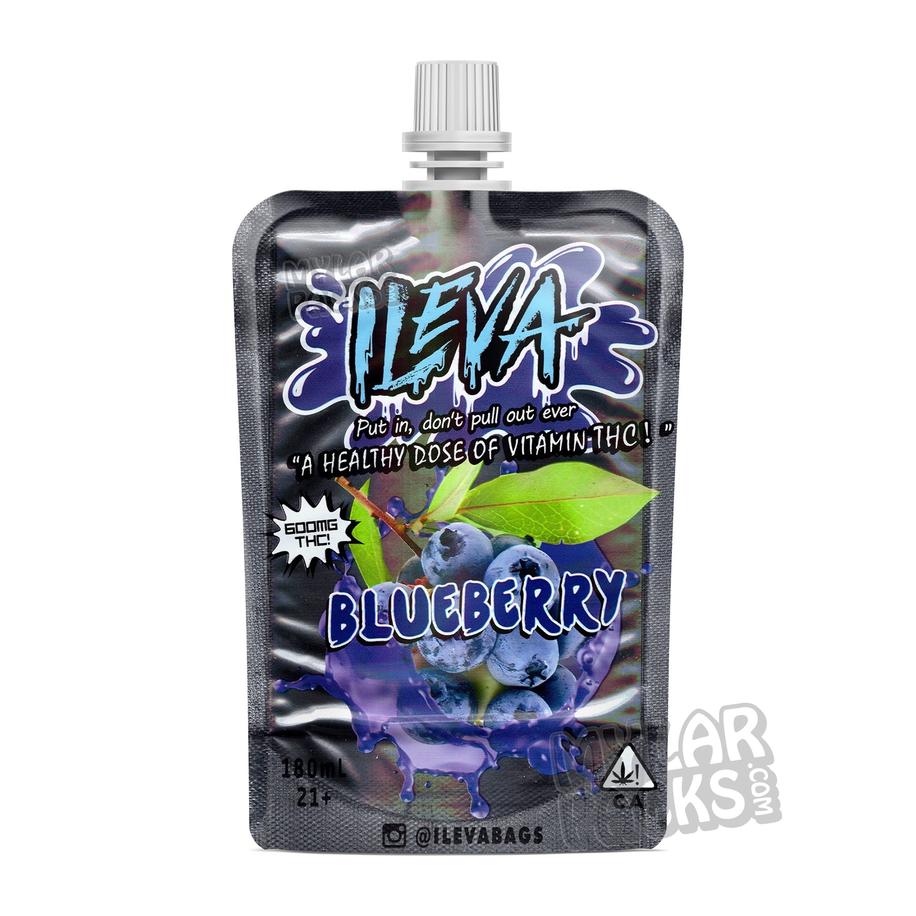Bebida de frutas con infusión de cannabis Ileva Blueberry 600 mg en bolsita con tapa a prueba de niños
