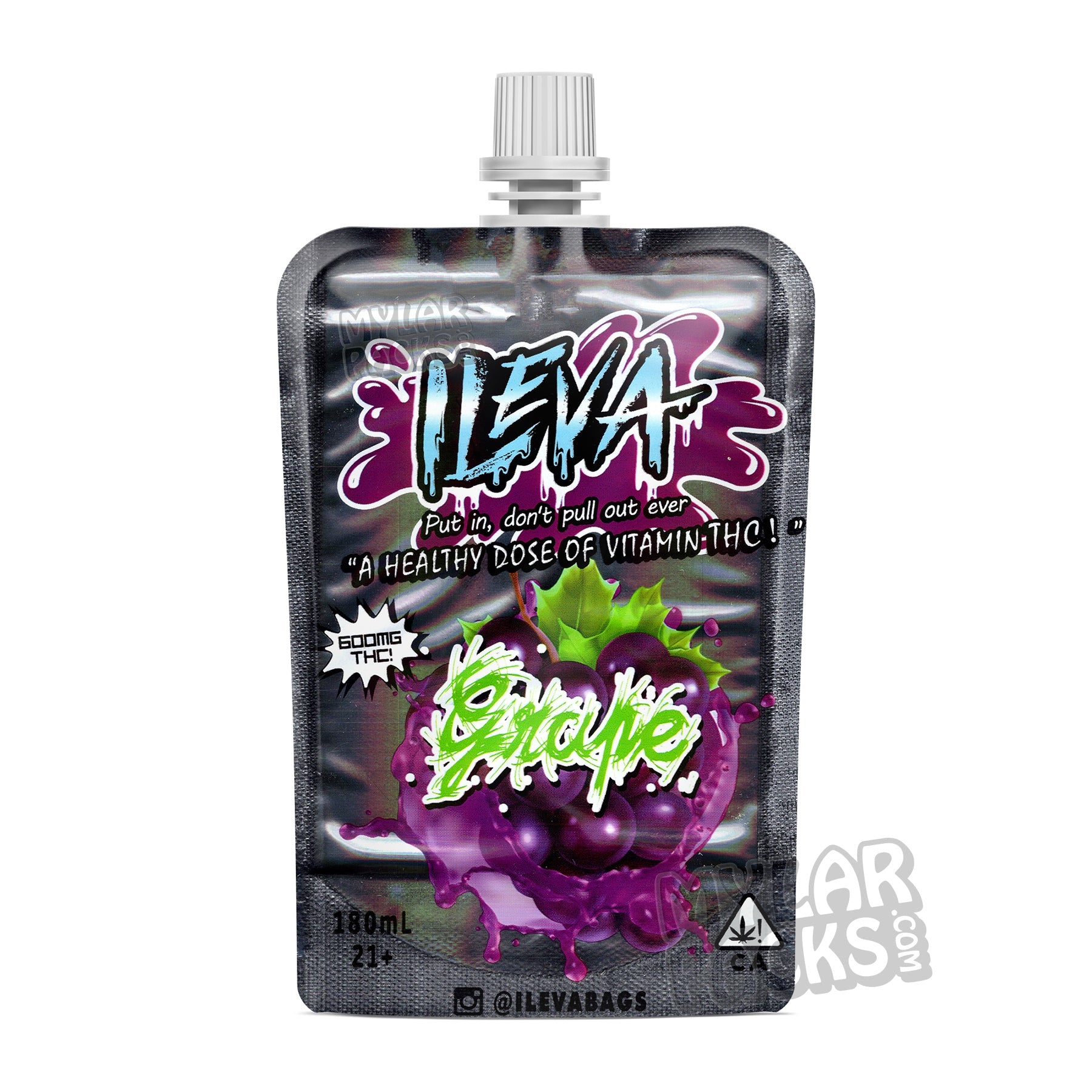 Bebida de frutas con infusión de cannabis Ileva Grape de 600 mg en bolsita con tapa a prueba de niños