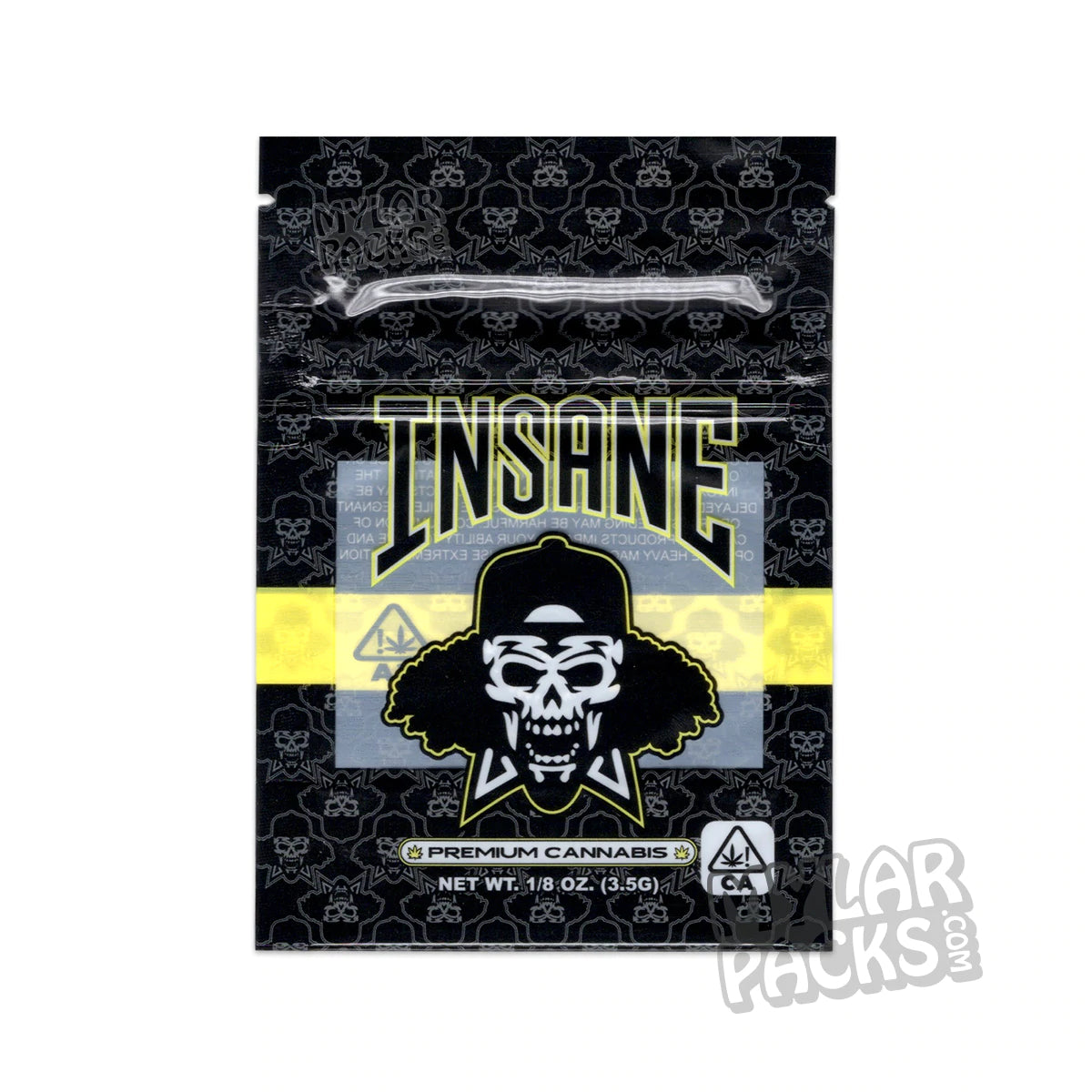 Bolsa de Mylar vacía de cannabis premium Insane de 3,5 g, embalaje para flores y hierbas secas