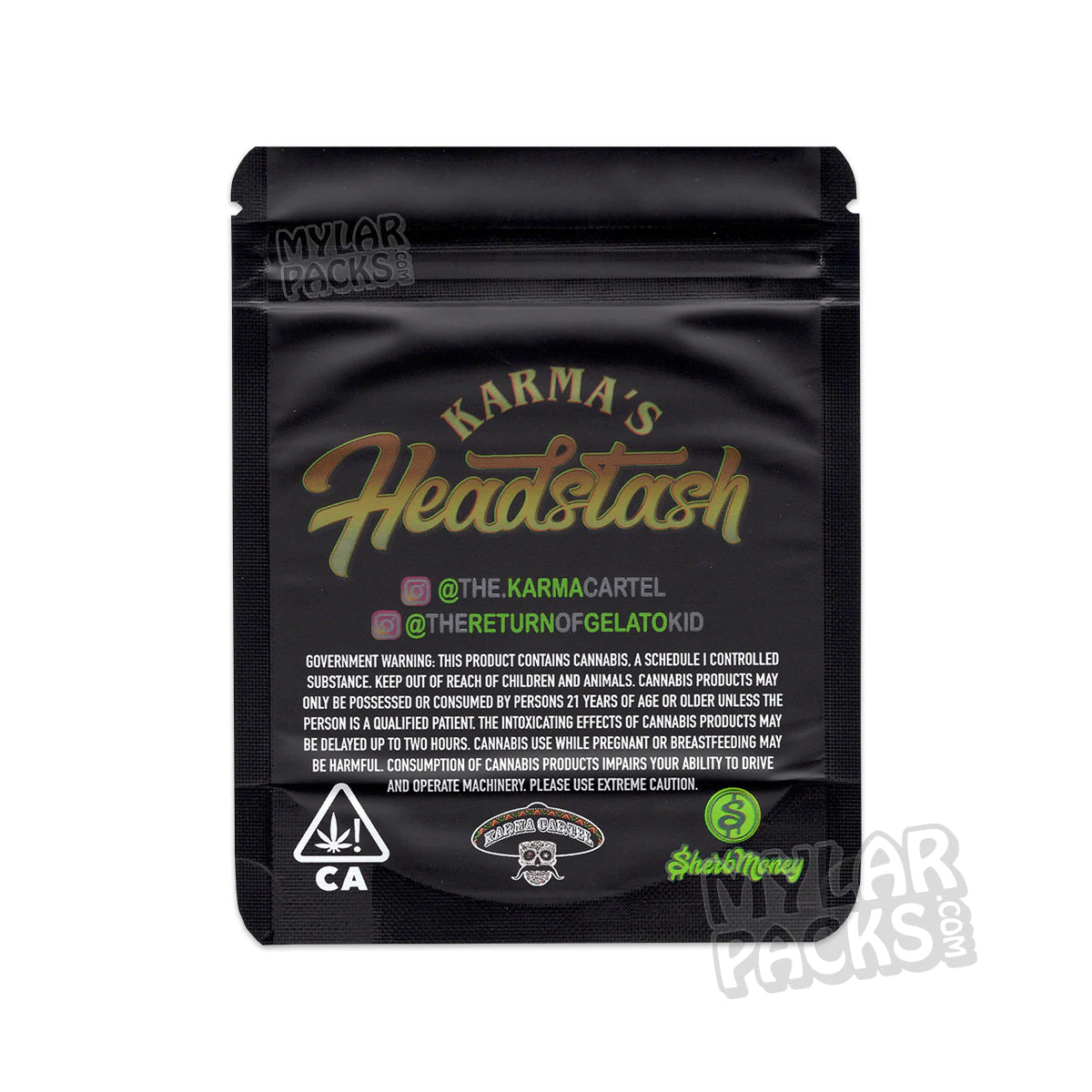 Karma Cartel Sherb Money - Bolsa de Mylar vacía de 3,5 g, embalaje para flores y hierbas secas