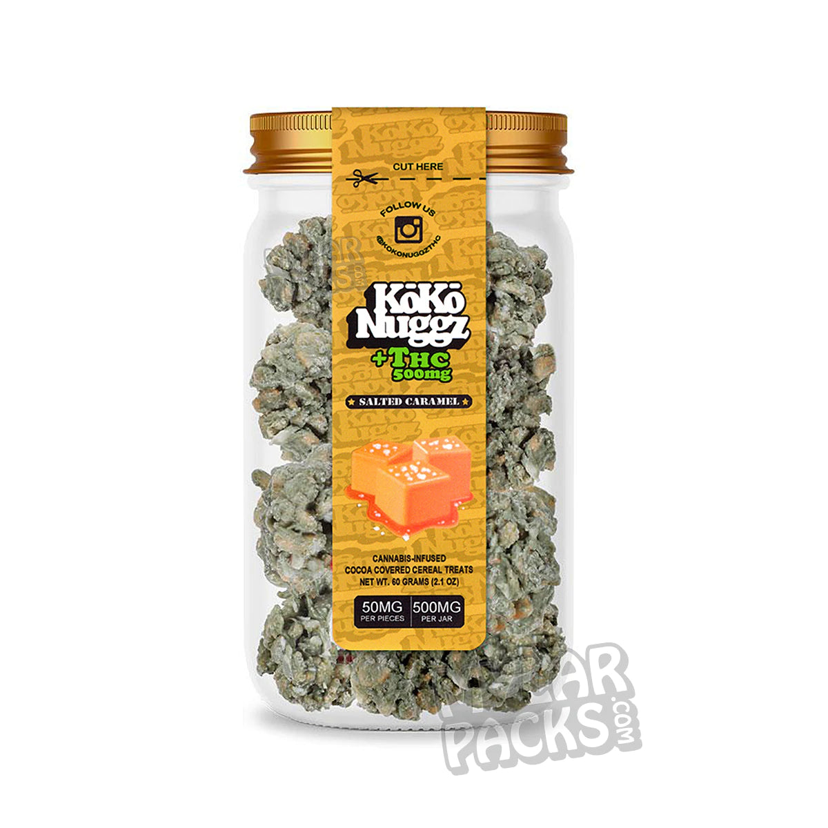 Pegatinas de golosinas de cereales Koko Nuggz +THC 500 mg cubiertas de cacao para envases de aperitivos en tarros Mason