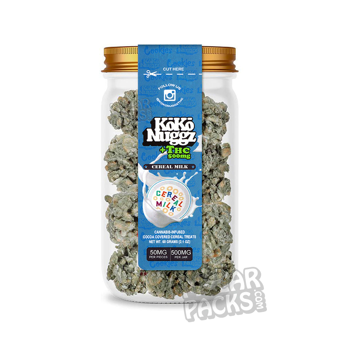 Pegatinas de golosinas de cereales Koko Nuggz +THC 500 mg cubiertas de cacao para envases de aperitivos en tarros Mason