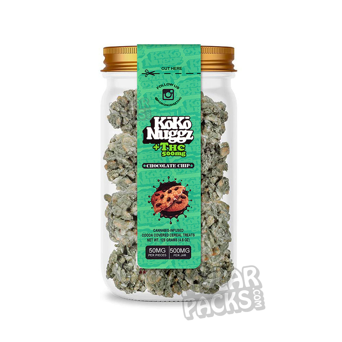 Pegatinas de golosinas de cereales Koko Nuggz +THC 500 mg cubiertas de cacao para envases de aperitivos en tarros Mason