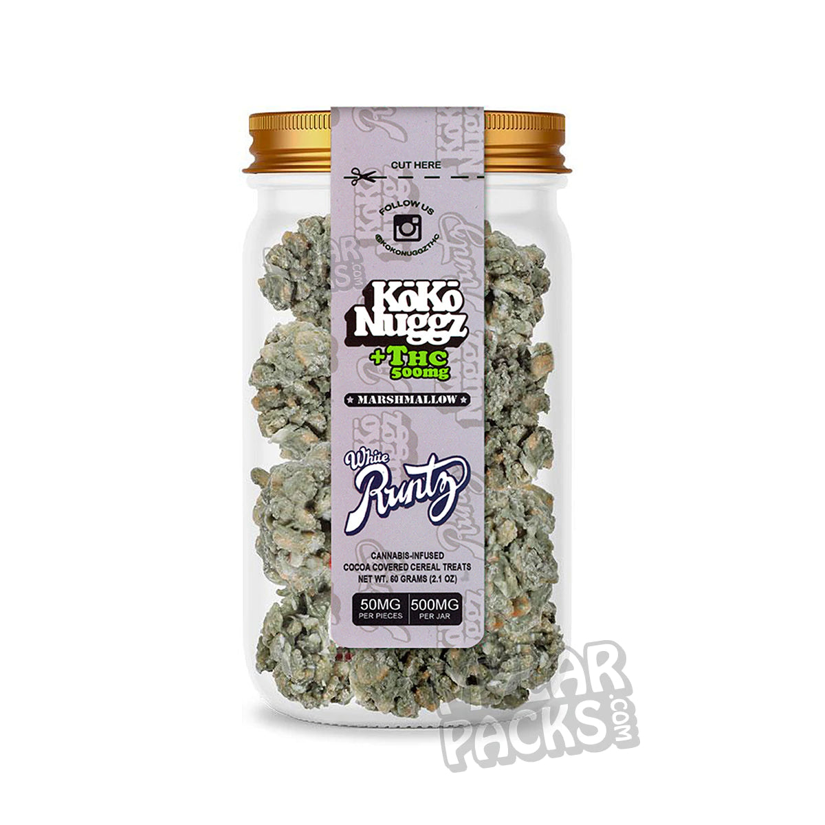 Pegatinas de golosinas de cereales Koko Nuggz +THC 500 mg cubiertas de cacao para envases de aperitivos en tarros Mason