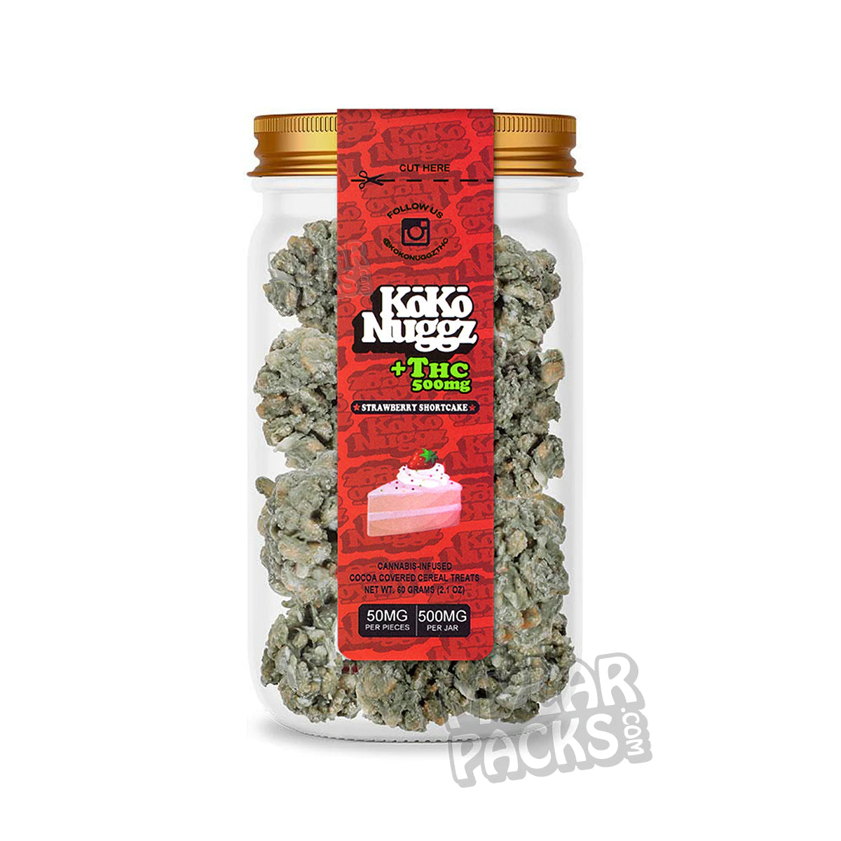 Pegatinas de golosinas de cereales Koko Nuggz +THC 500 mg cubiertas de cacao para envases de aperitivos en tarros Mason