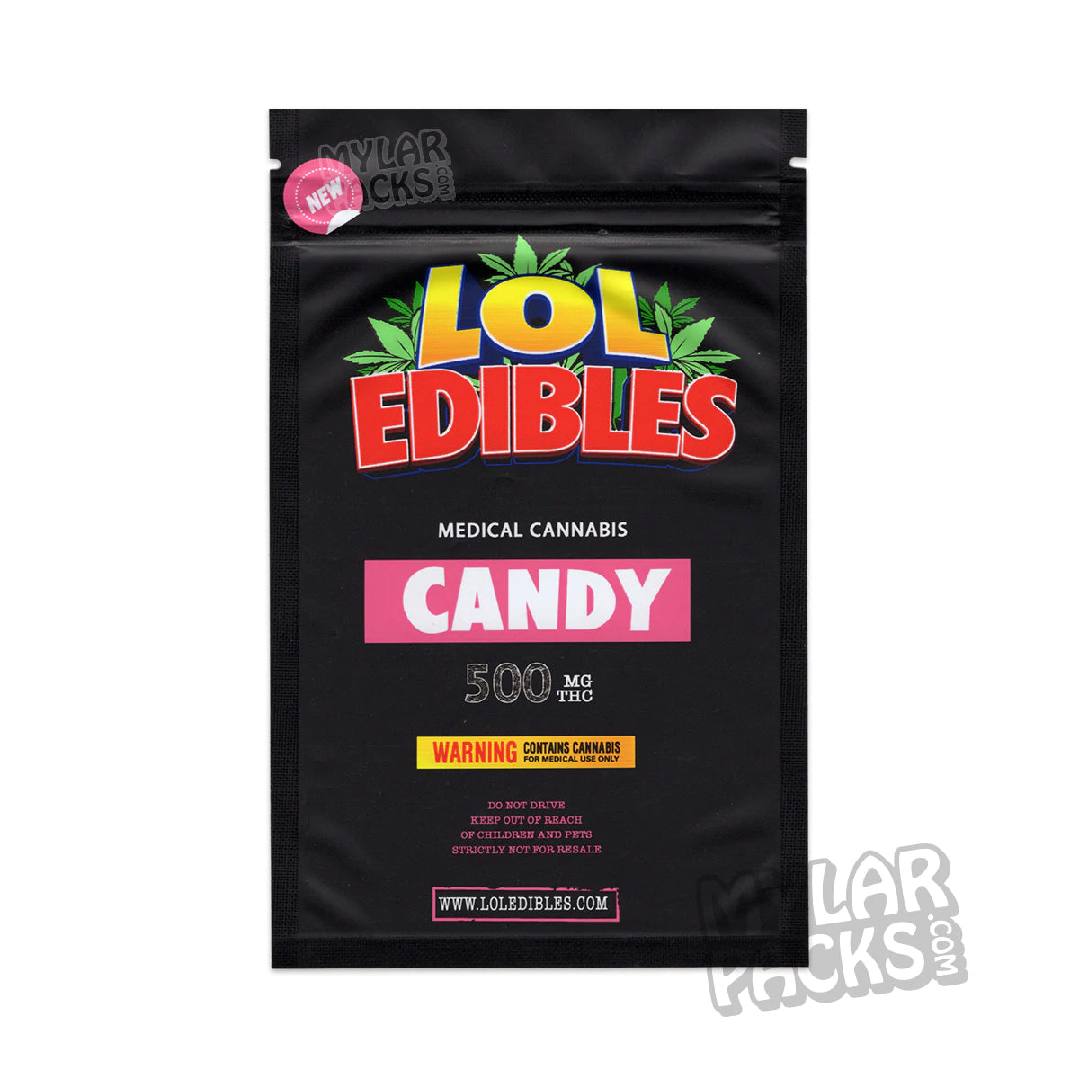 Bolsas de Mylar vacías para caramelos comestibles LOL Edibles de 500 mg.