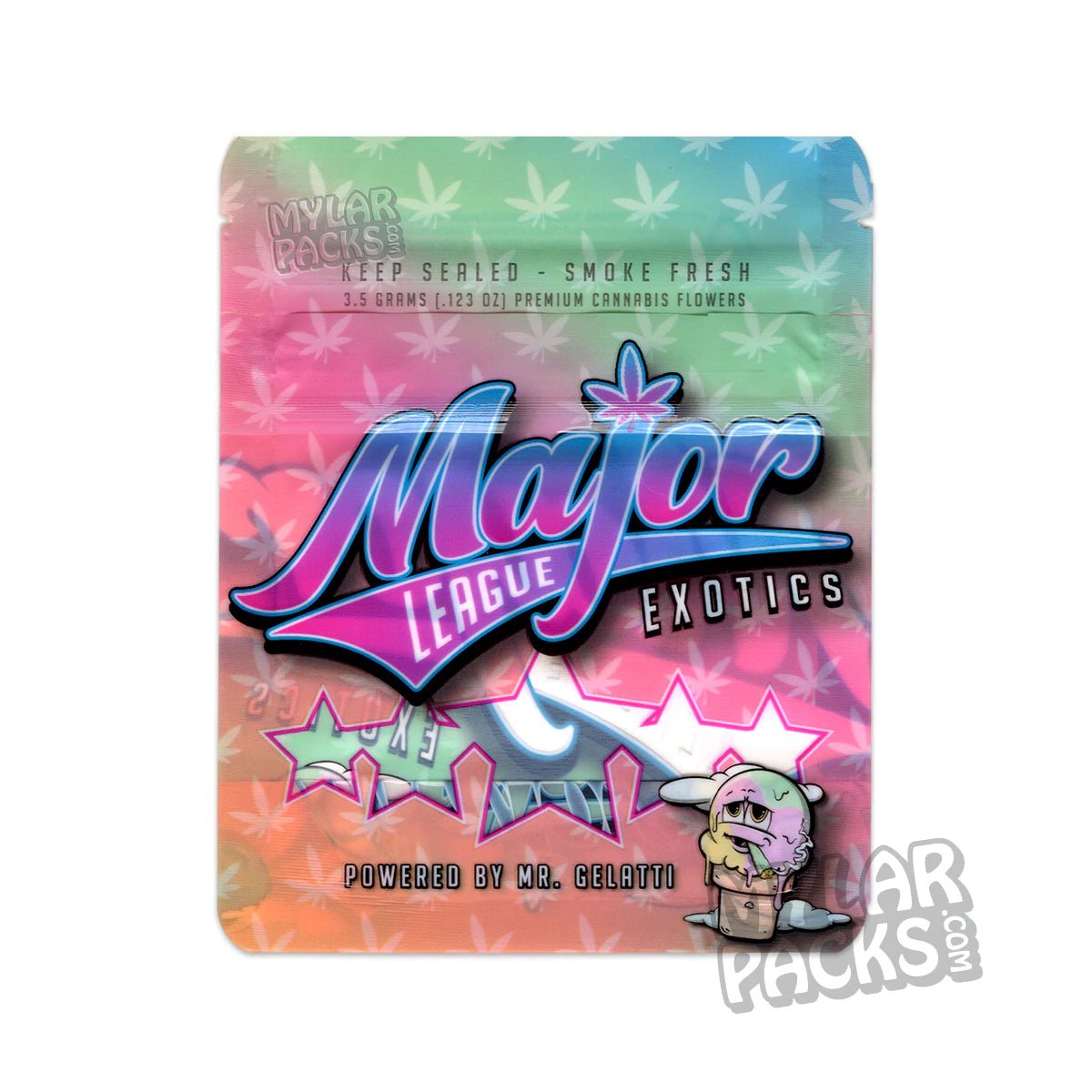 Bolsa de Mylar vacía a prueba de olores de Major League Exotics Mr Gelatti de 3,5 g, embalaje para flores y hierbas secas