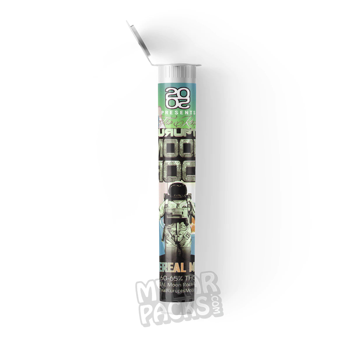 Tubo de plástico duro transparente vacío preenrollado de leche de cereal Moon Rock de Kurupt para envasar flores y hierbas.