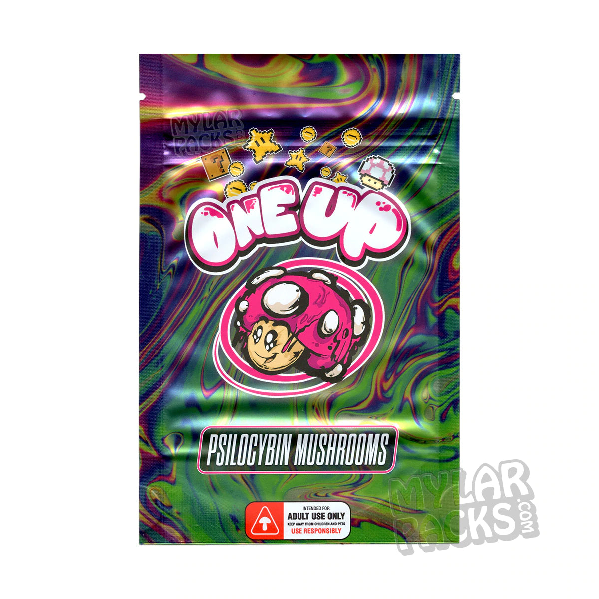 Bolsas de Mylar vacías de psilocibio One Up para hongos mágicos. Envases para hongos mágicos.