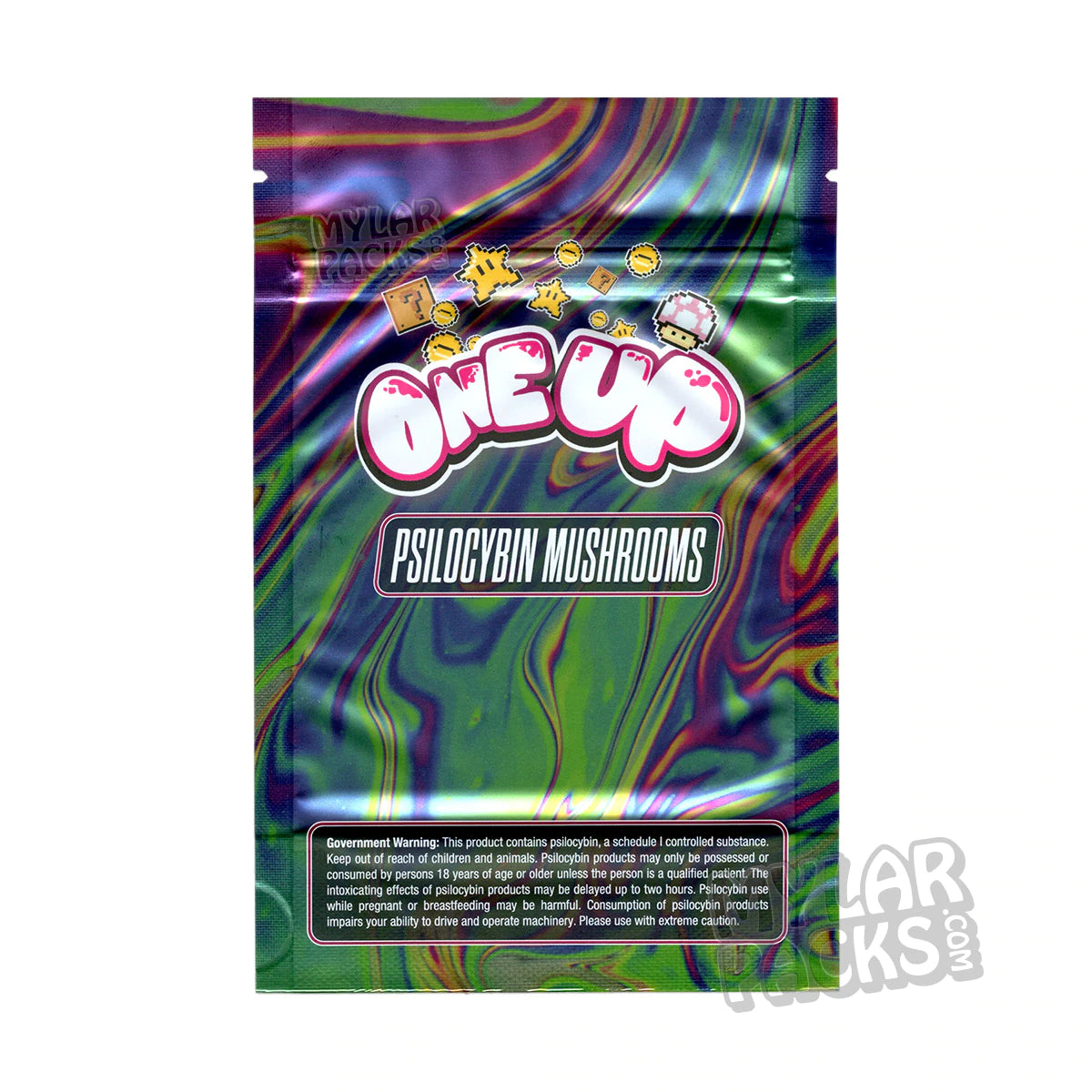 Bolsas de Mylar vacías de psilocibio One Up para hongos mágicos. Envases para hongos mágicos.