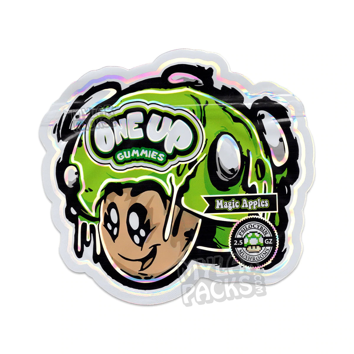 Gomitas de psilocibe One Up, manzana mágica, bolsas troqueladas vacías de Mylar, embalaje con forma de hongo