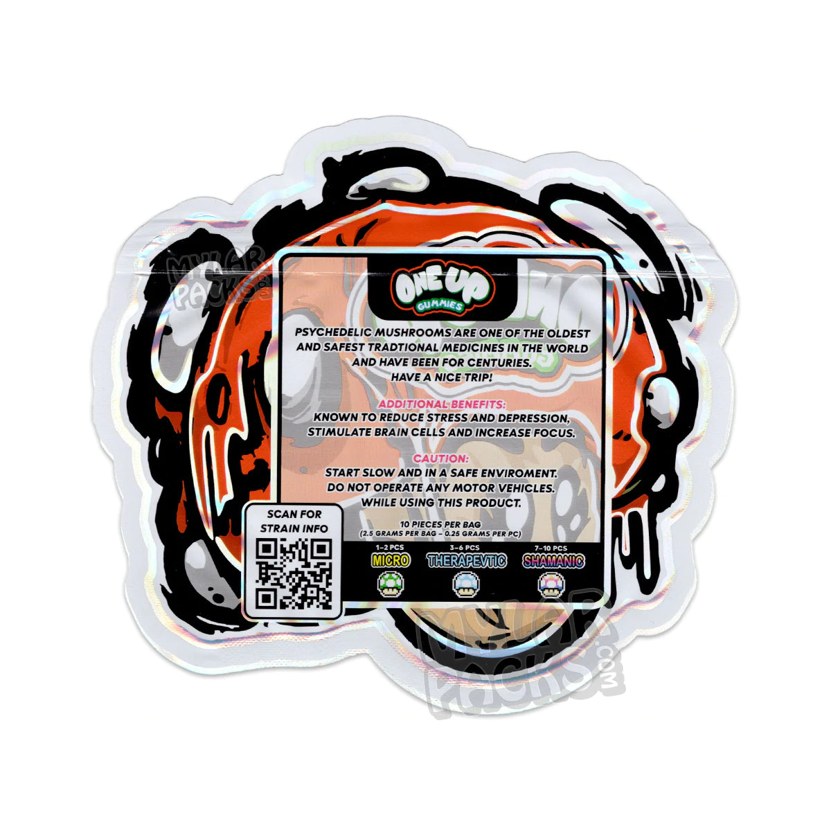 Gomitas de psilocibe One Up, bolsas de Mylar troqueladas vacías de Shroomberry, embalaje para hongos