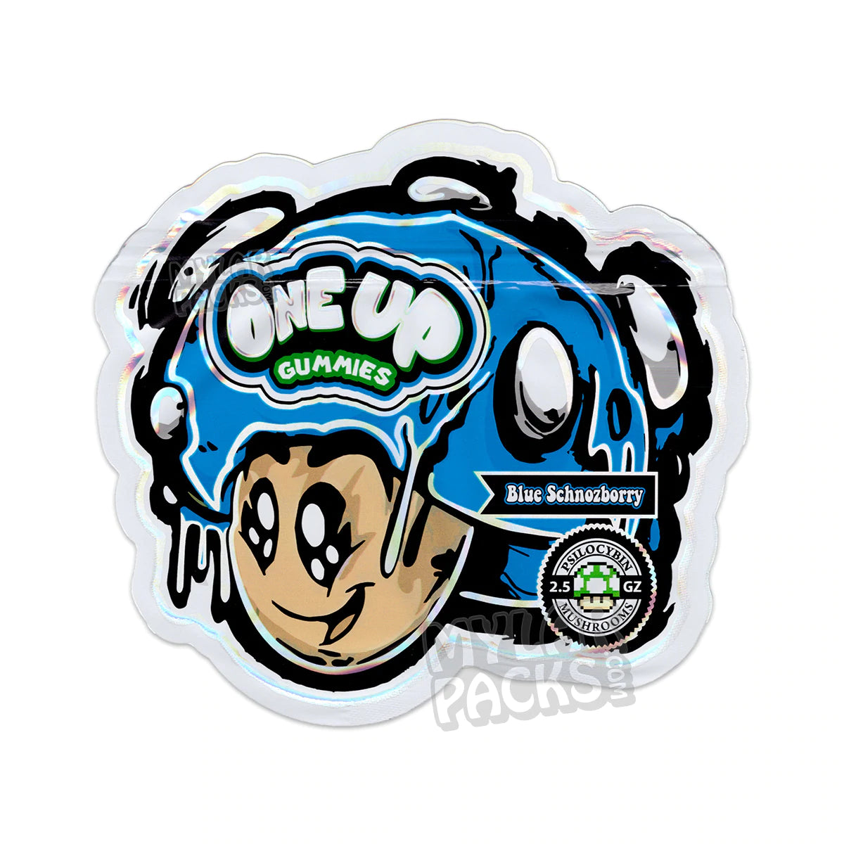 Gomitas de psilocibe One Up Blue Schnozberry, bolsas de mylar troqueladas vacías, embalaje para hongos