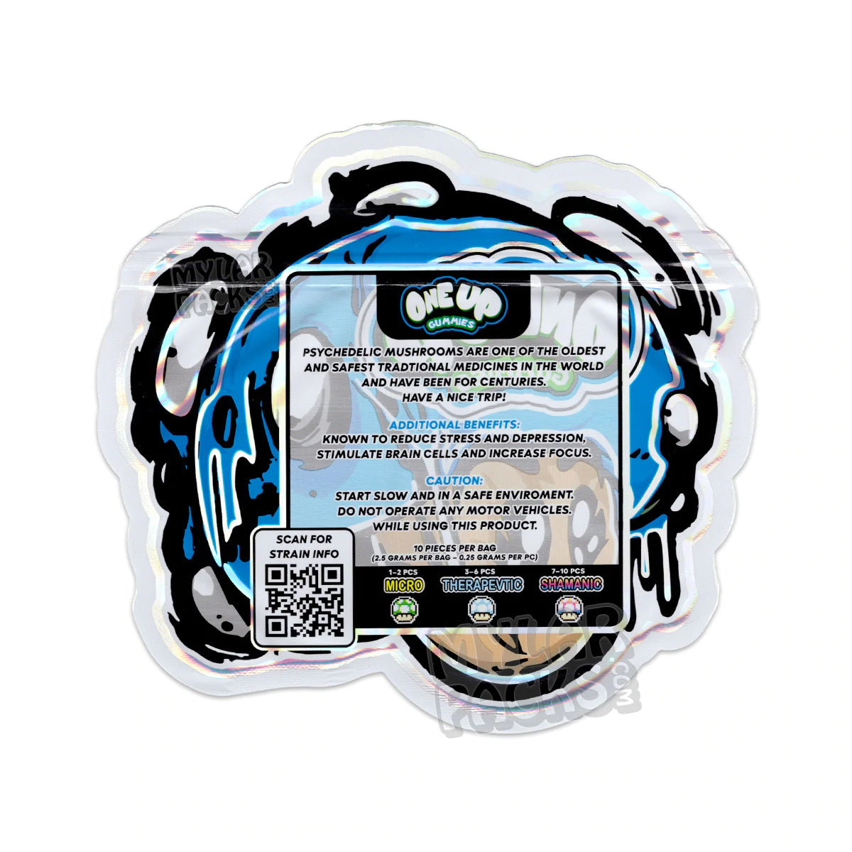 Gomitas de psilocibe One Up Blue Schnozberry, bolsas de mylar troqueladas vacías, embalaje para hongos