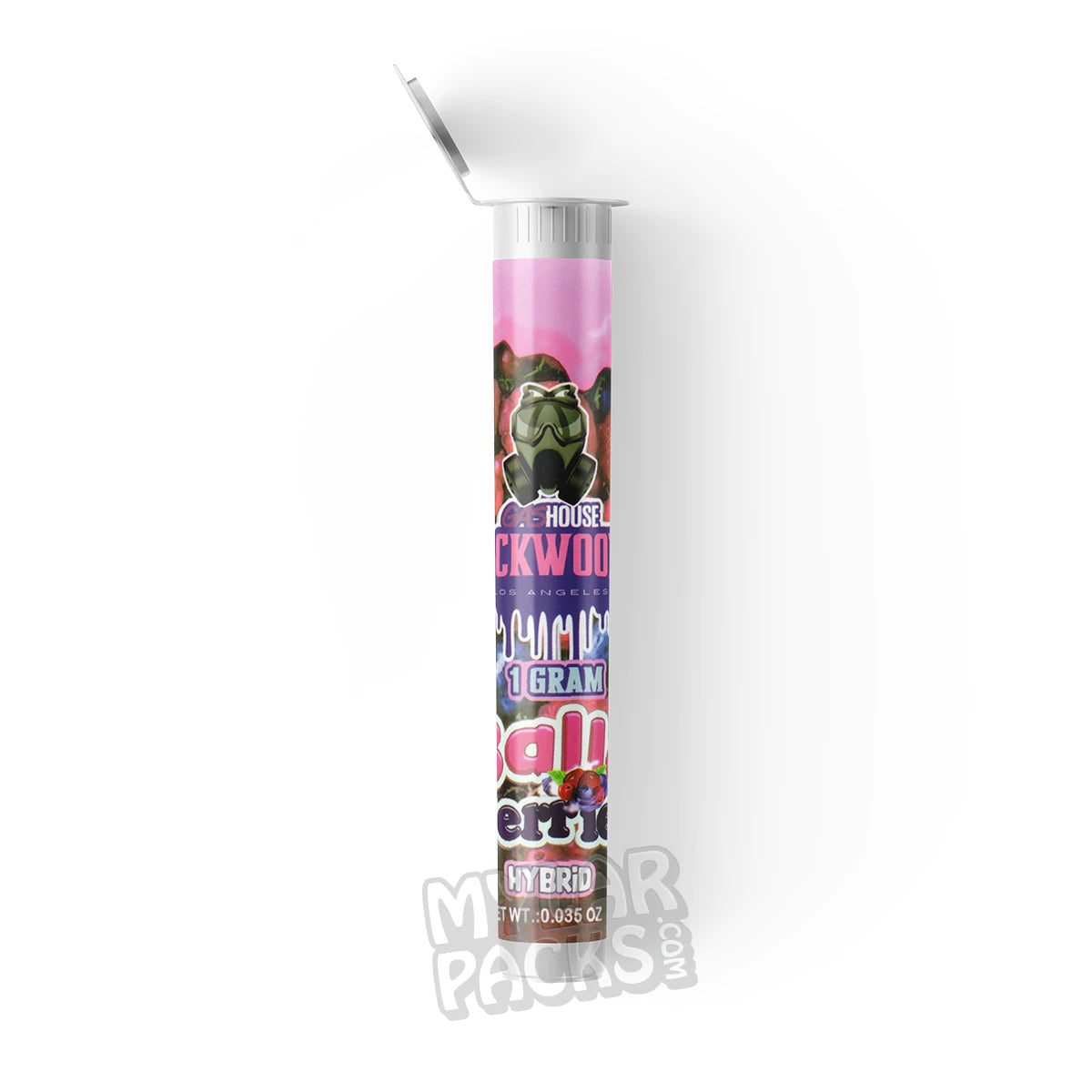 Tubo de plástico duro transparente vacío con etiqueta adhesiva para porro preenrollado de 1 g de Packwoods X Gashouse Balla Berries.