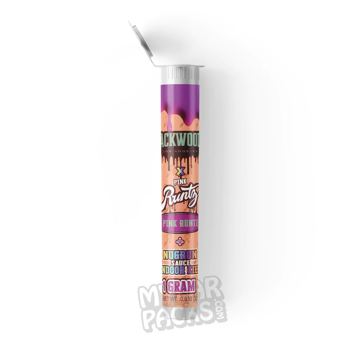 Tubo de plástico duro transparente vacío con etiqueta adhesiva para porro preenrollado Packwoods X Pink Runtz de 1 g