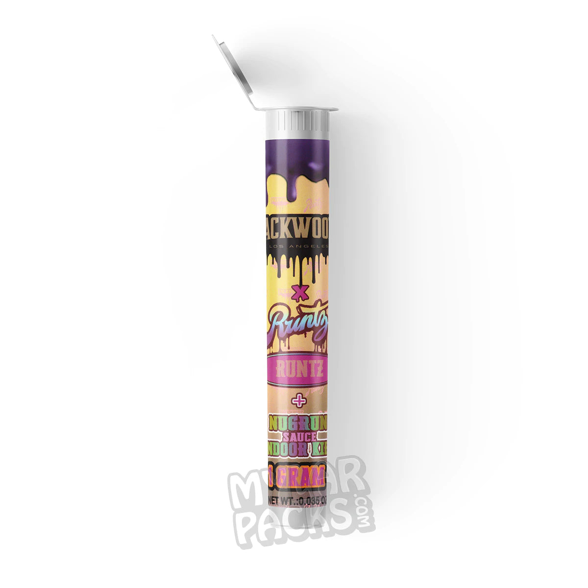 Tubo de plástico duro transparente vacío con etiqueta adhesiva para porro preenrollado individual Packwoods X Runtz de 1 g