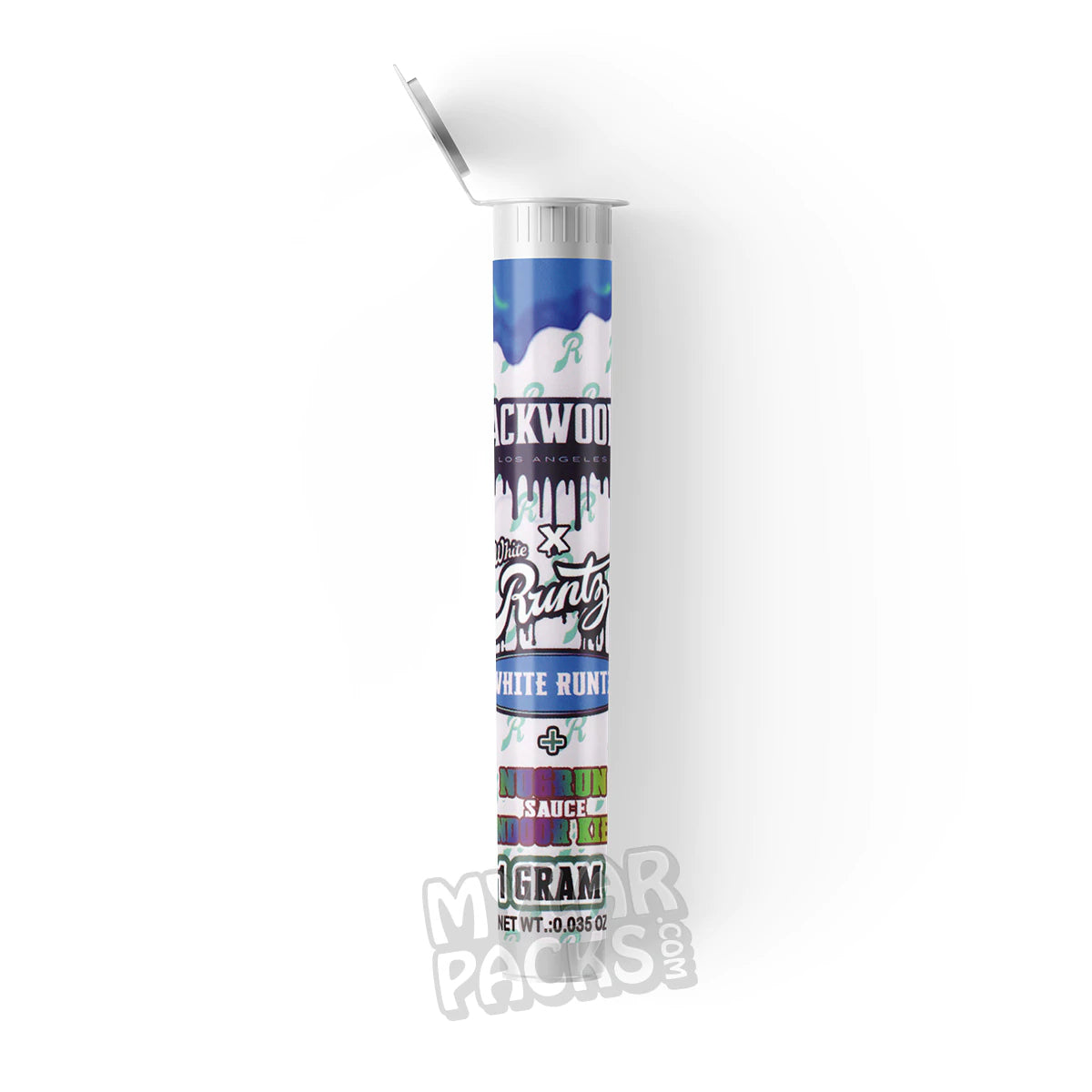 Tubo de plástico duro transparente vacío con etiqueta adhesiva para porro preenrollado Packwoods X White Runtz de 1 g