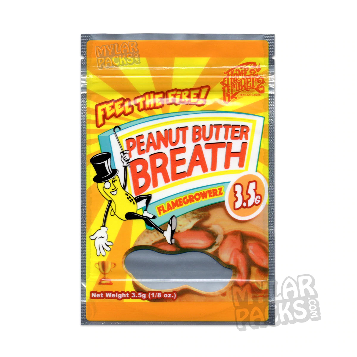Aliento de mantequilla de cacahuete de Flame Growerz, bolsa de mylar vacía de 3,5 g, embalaje para flores y hierbas secas.