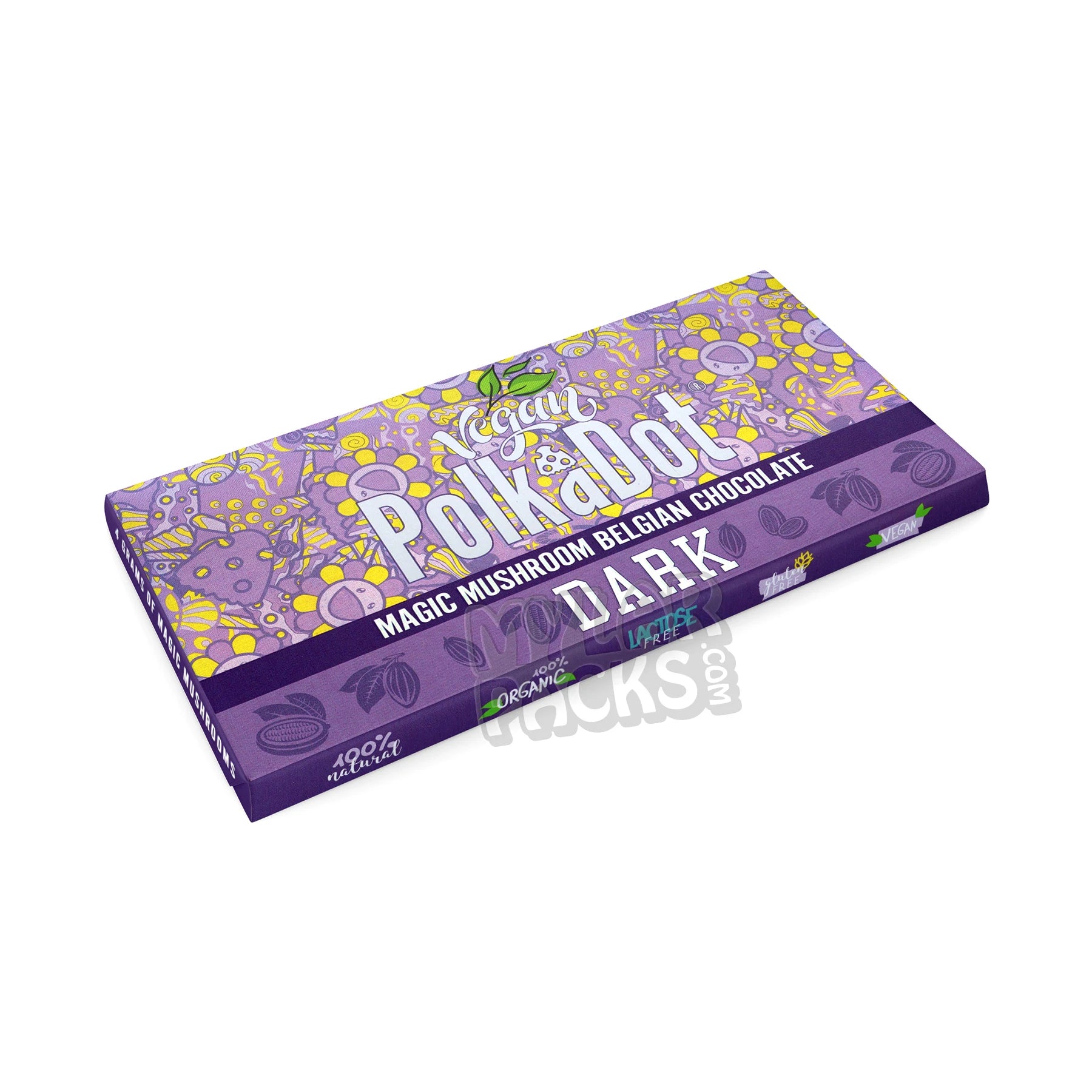 Barra de chocolate belga de hongos mágicos oscuros Polkadot, envase vacío de psilocibina.