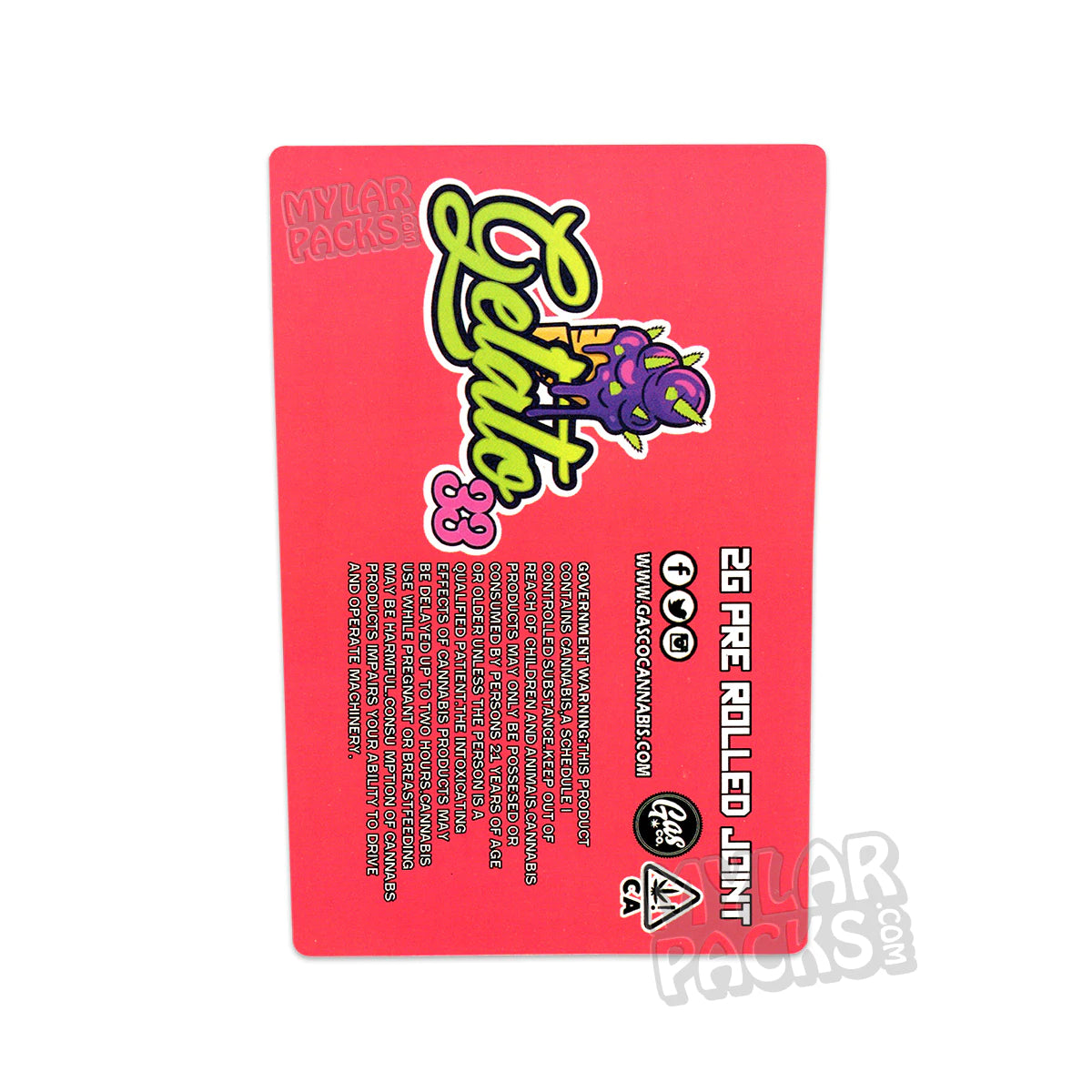 Gas Co. Gelato 33 - 2G - Tubo de plástico duro transparente vacío con etiqueta adhesiva para porro individual preenrollado.