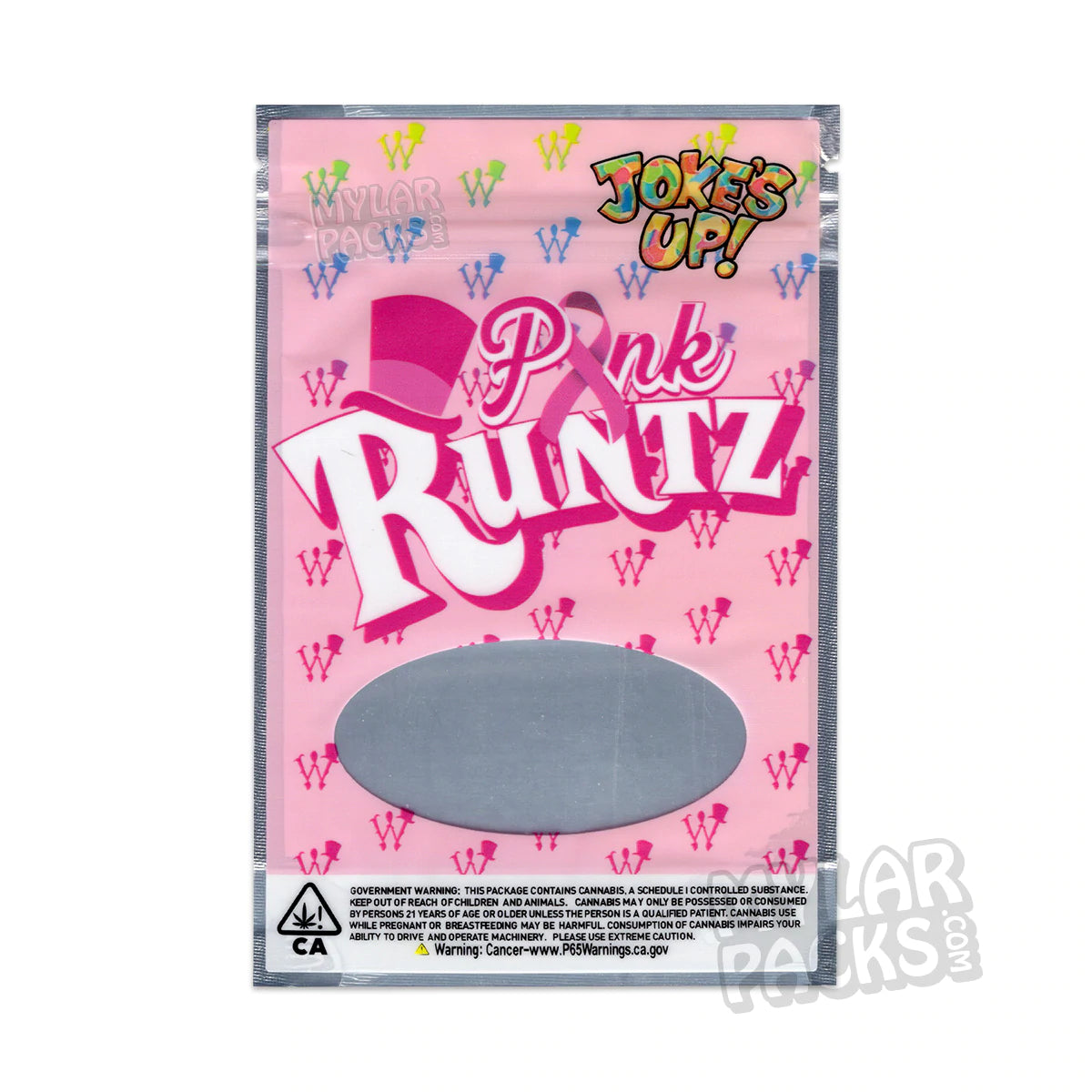 Bolsa de Mylar vacía a prueba de olores de 3,5 g con aroma a cáncer de mama de Pink Runtz de Joke's Up. Envase para flores y hierbas.