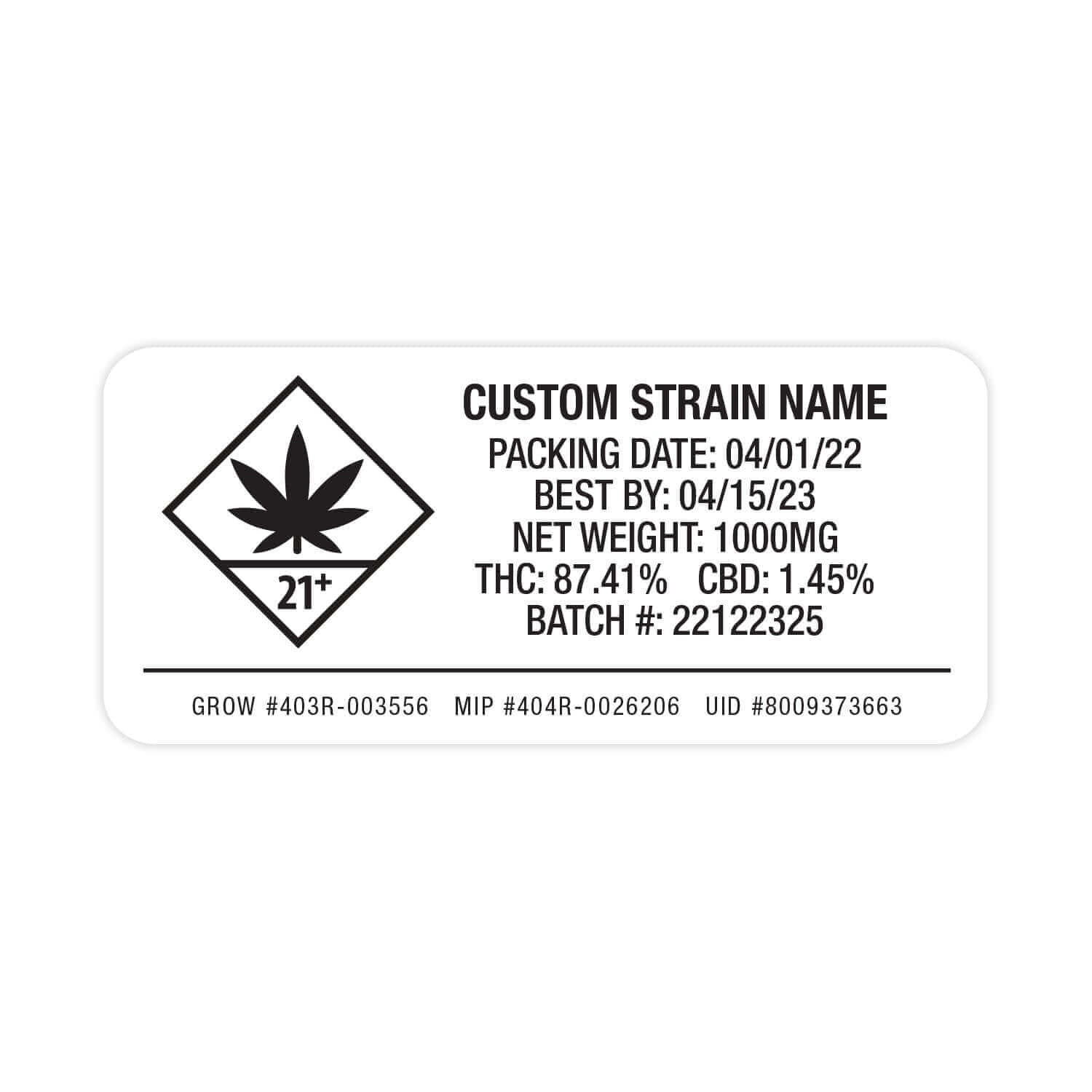 Washington WA State Compliant Warning Label Customizable Strain Sticker (1" x 2")