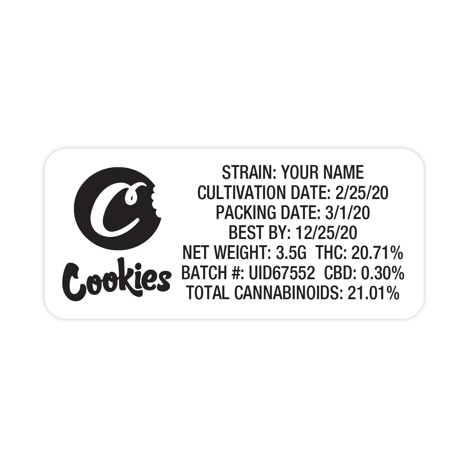 Customizable Strain Sticker - Cookies (1" x 2") with Black Logo