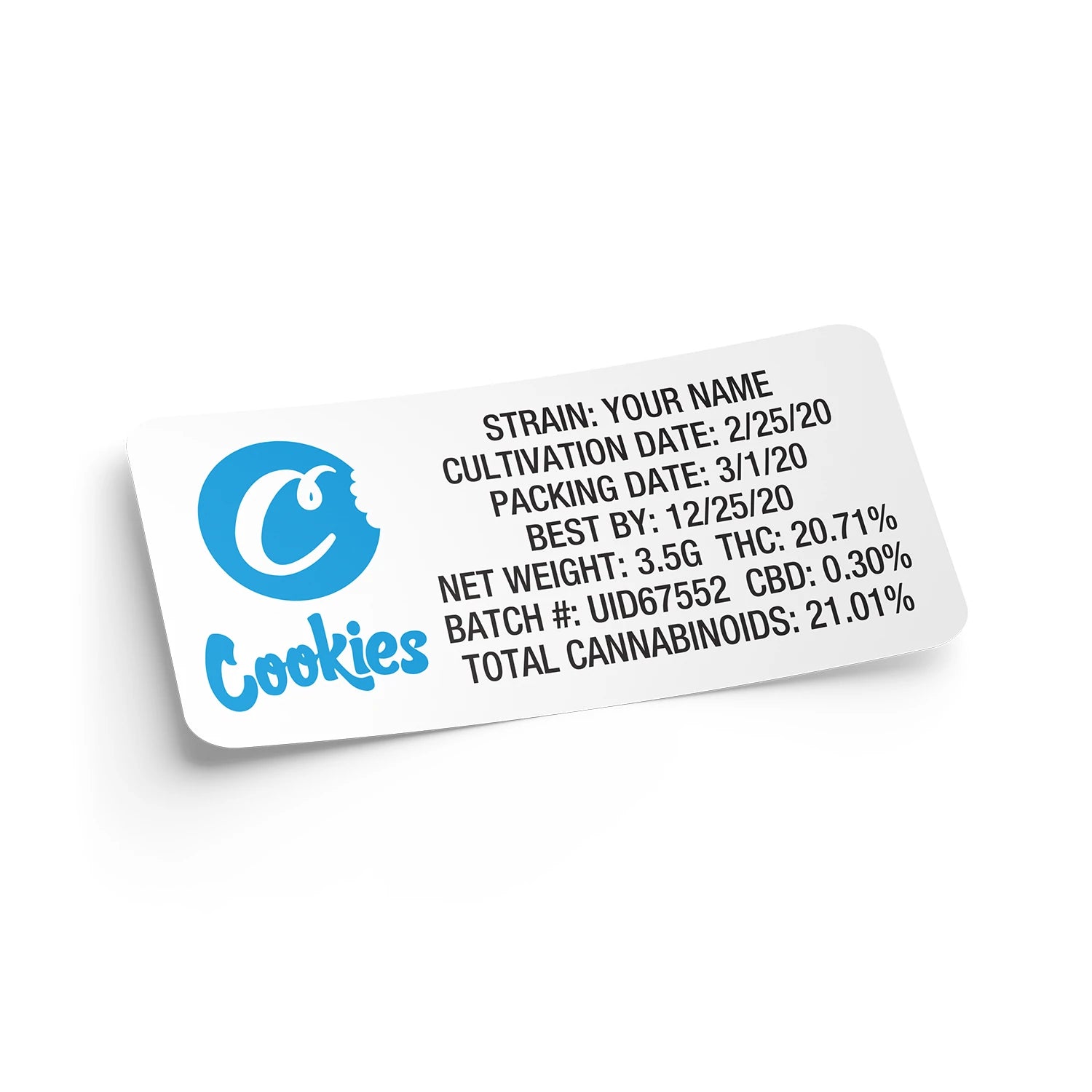 Customizable Strain Sticker - Cookies (.75" x 2") with Blue Logo