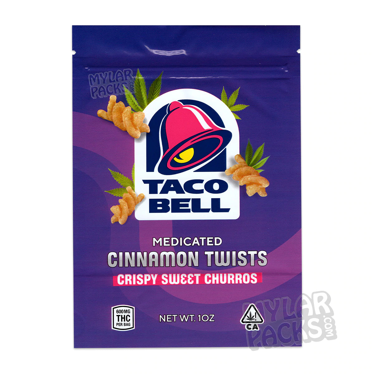 Churros de canela Taco Bell de 600 mg, bolsa de Mylar vacía, comestibles, refrigerios, envases de alimentos