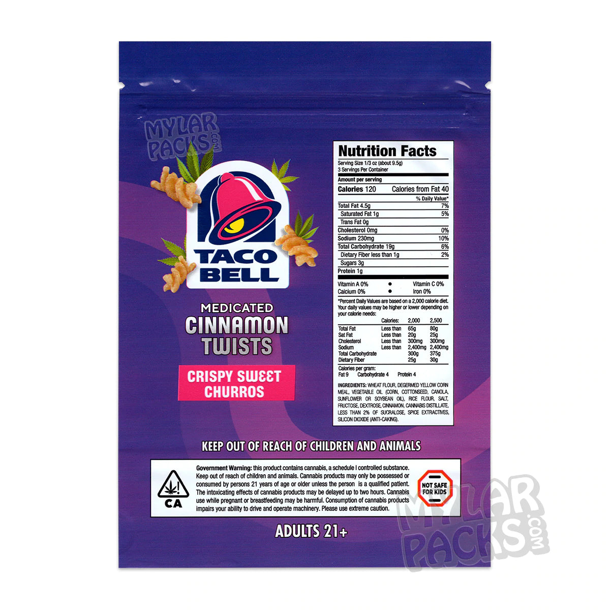 Churros de canela Taco Bell de 600 mg, bolsa de Mylar vacía, comestibles, refrigerios, envases de alimentos