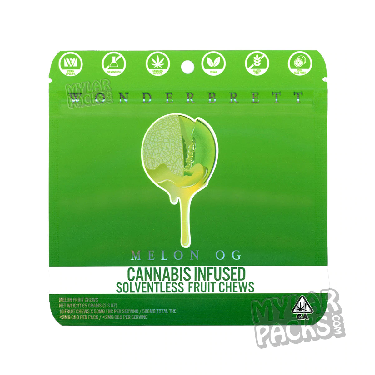 Wonderbrett Melon OG Fruit Chews 500 mg Bolsas de Mylar vacías Comestibles Envases de dulces