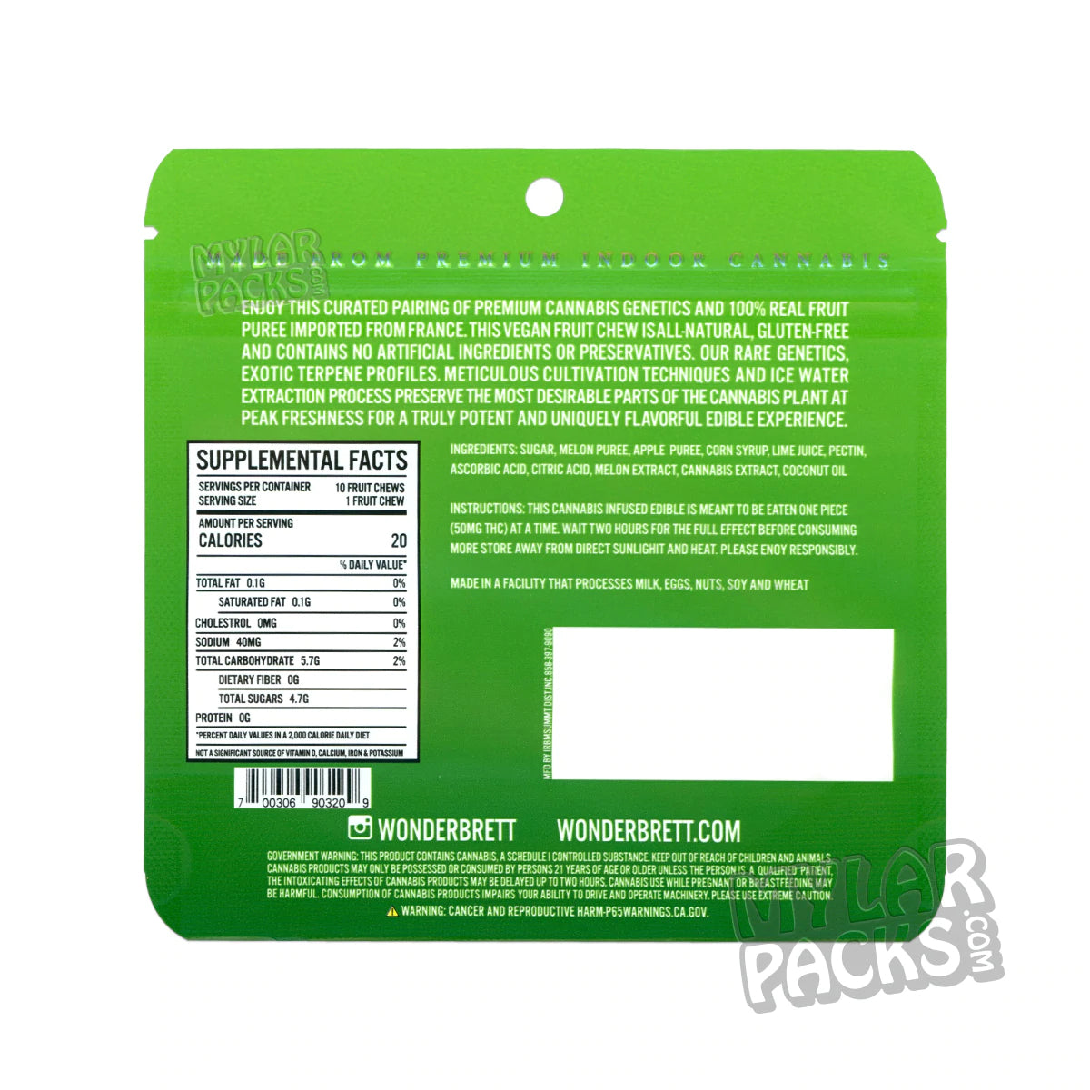 Wonderbrett Melon OG Fruit Chews 500 mg Bolsas de Mylar vacías Comestibles Envases de dulces