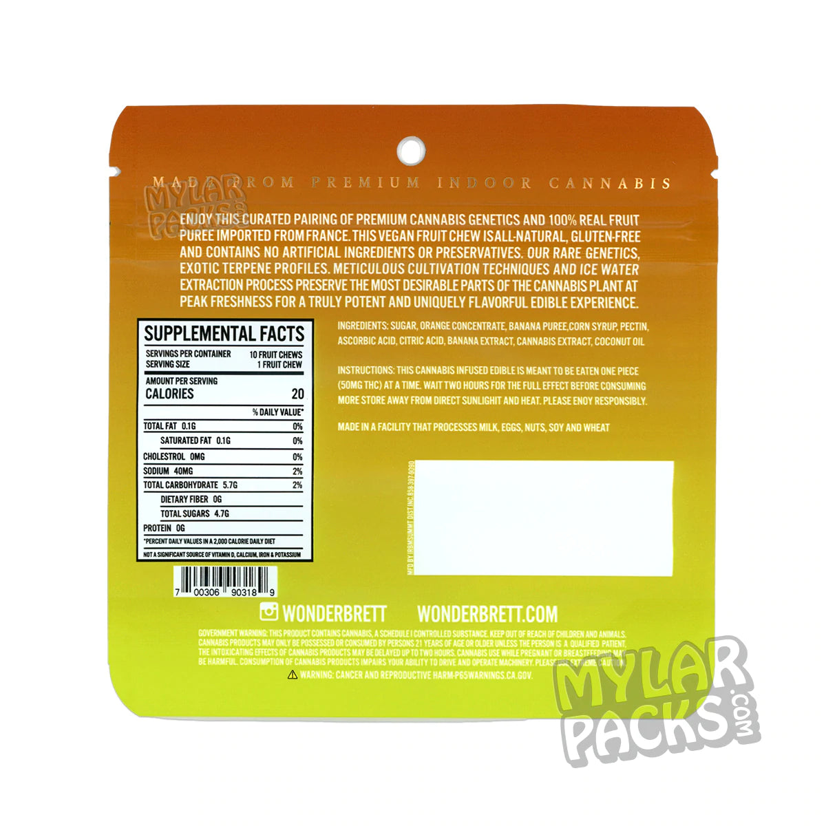 Wonderbrett - Masticables de fruta con sabor a naranja y plátano (500 mg), bolsas de mylar vacías, comestibles, empaque para dulces