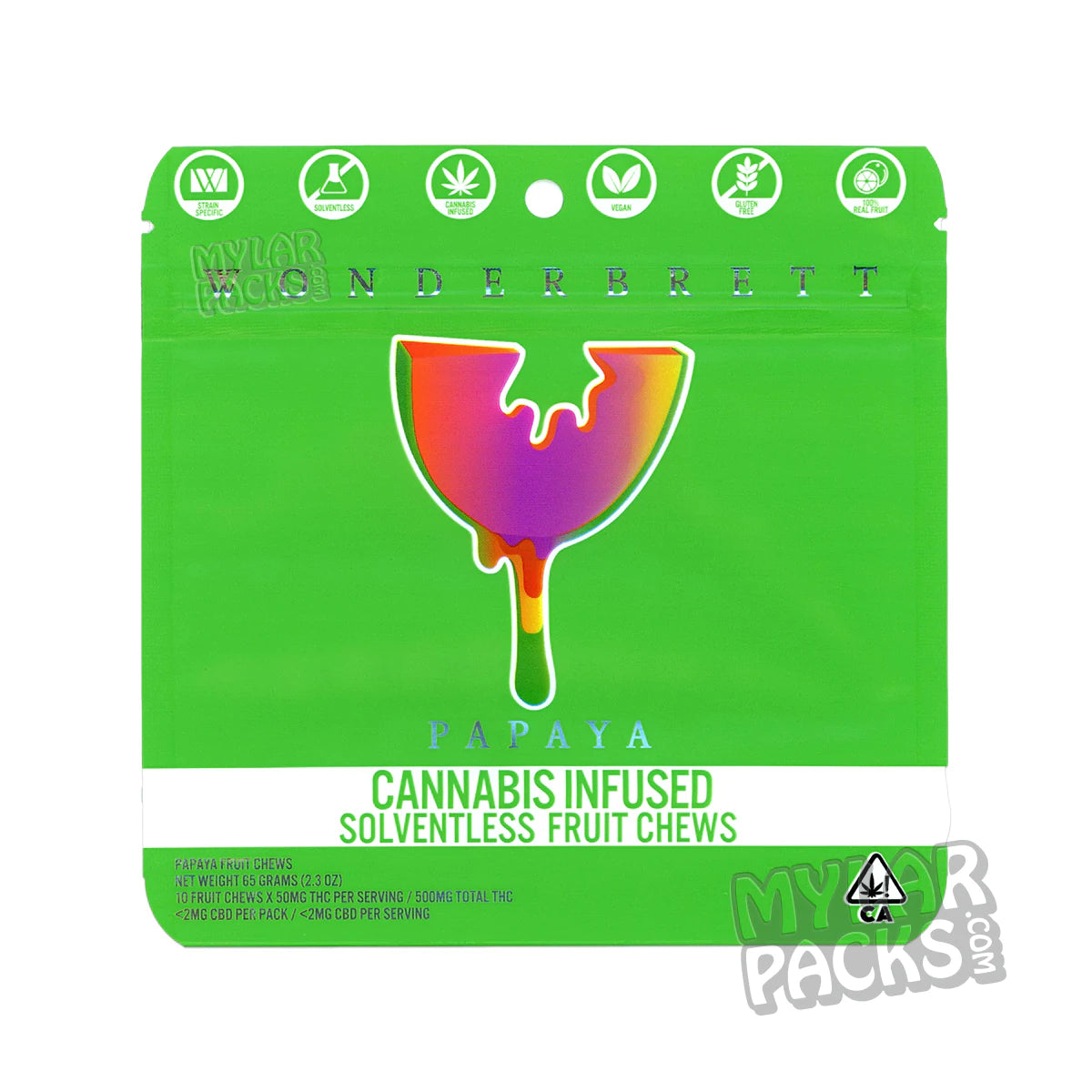 Wonderbrett Papaya Fruit Chews 500 mg Bolsas de Mylar vacías Comestibles Envases para dulces
