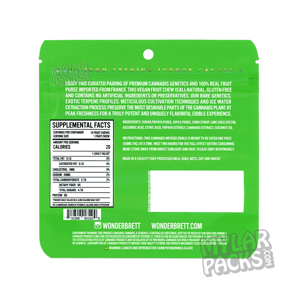 Wonderbrett Papaya Fruit Chews 500 mg Bolsas de Mylar vacías Comestibles Envases para dulces