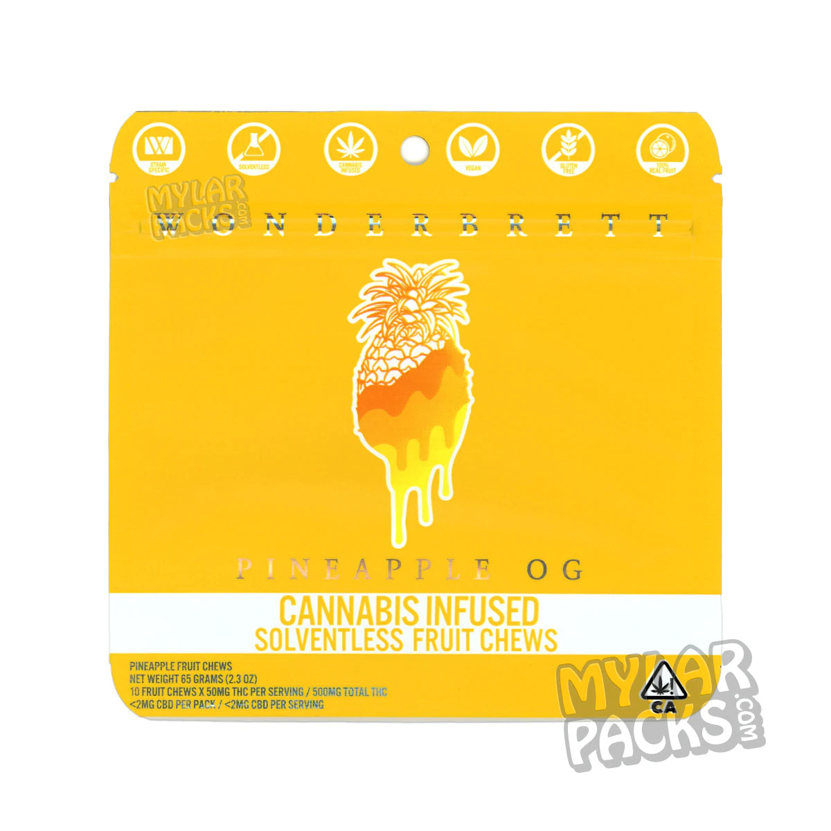 Wonderbrett Pineapple OG Fruit Chews 500 mg Bolsas de Mylar vacías Comestibles Envases de dulces