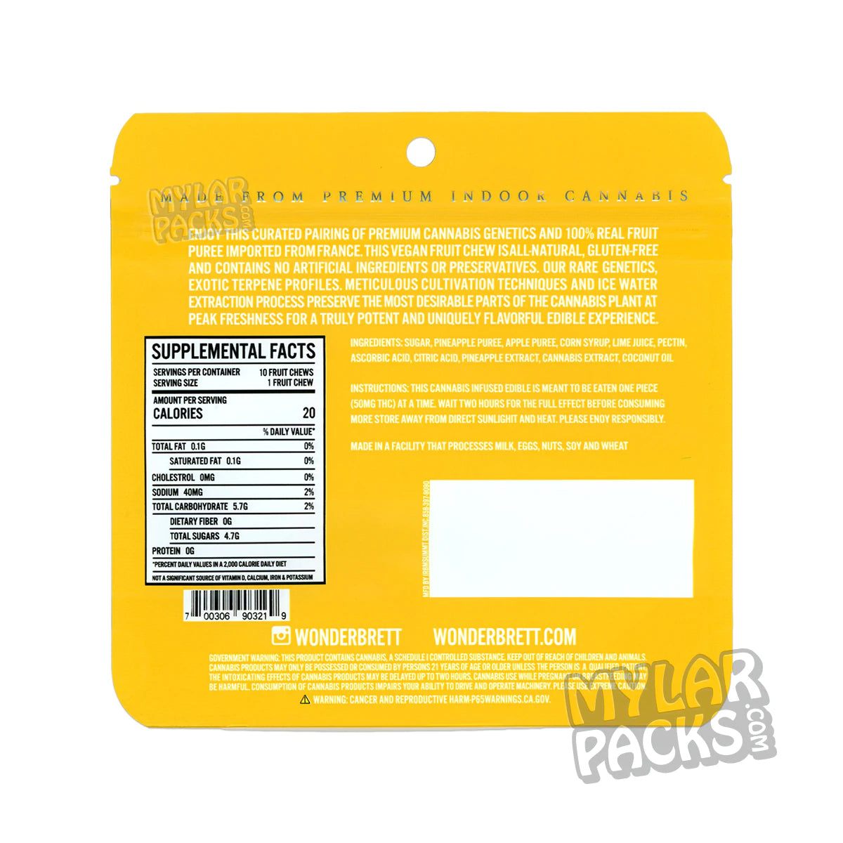 Wonderbrett Pineapple OG Fruit Chews 500 mg Bolsas de Mylar vacías Comestibles Envases de dulces