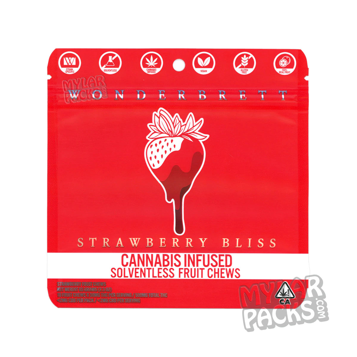 Wonderbrett Strawberry Bliss Fruit Chews 500 mg Bolsas de Mylar vacías Comestibles Envases de dulces
