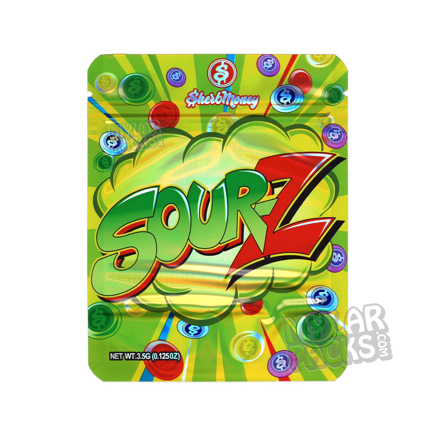 Bolsa de Mylar vacía a prueba de olores Sourz de SherbMoney de 3,5 g, empaquetado con flores