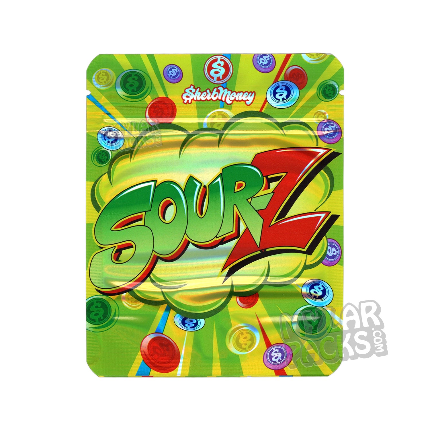 Bolsa de Mylar vacía a prueba de olores Sourz de SherbMoney de 3,5 g, empaquetado con flores