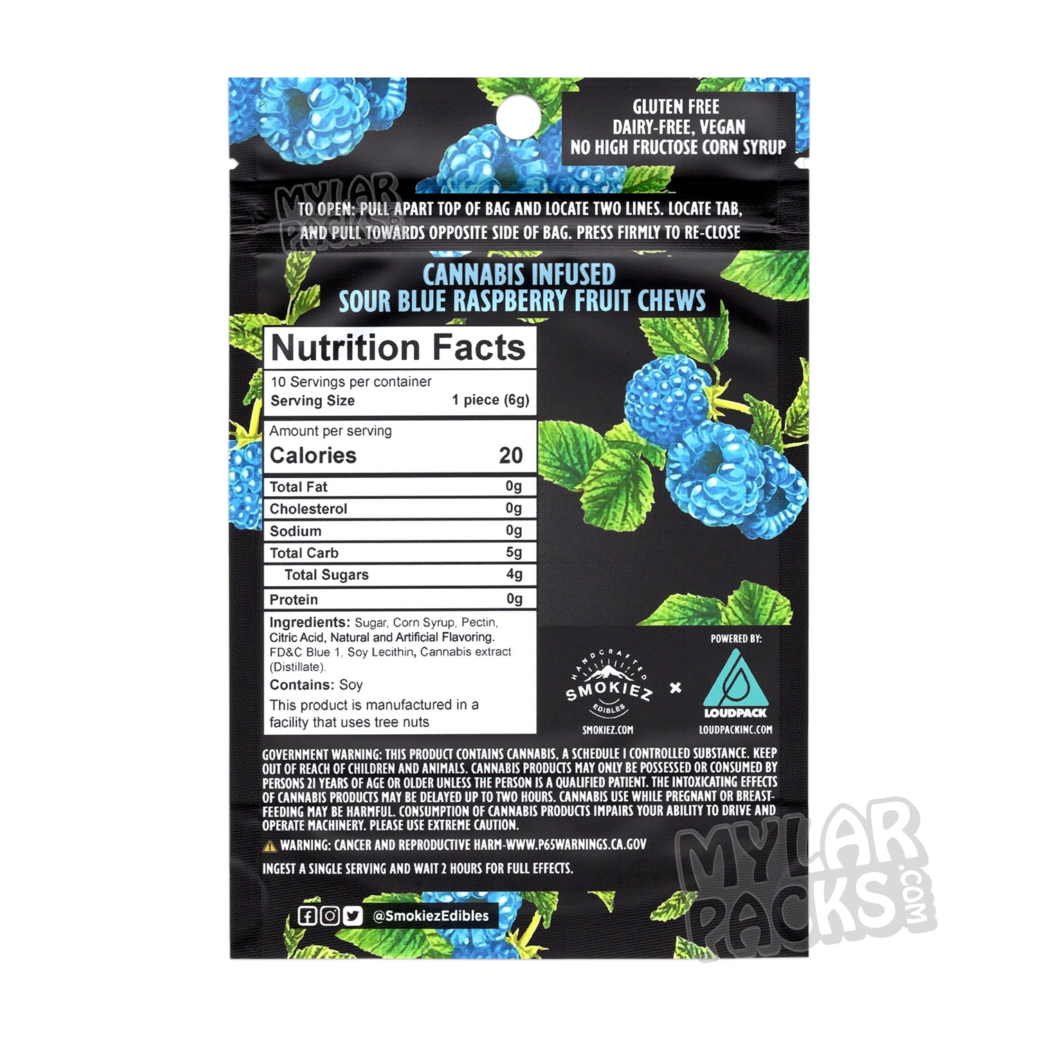 Smokiez Sour Blue Raspberry 500 mg Bolsa de Mylar vacía Empaque de dulces comestibles