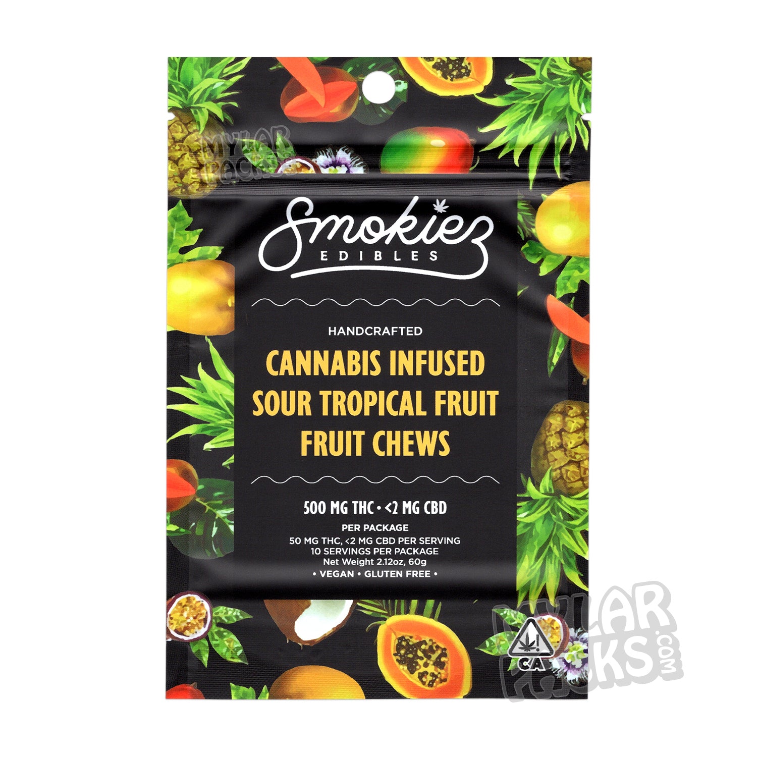 Smokiez Sour Tropical Fruit 500 mg Infusionado Bolsa de Mylar Vacía Envase de Caramelos Comestibles